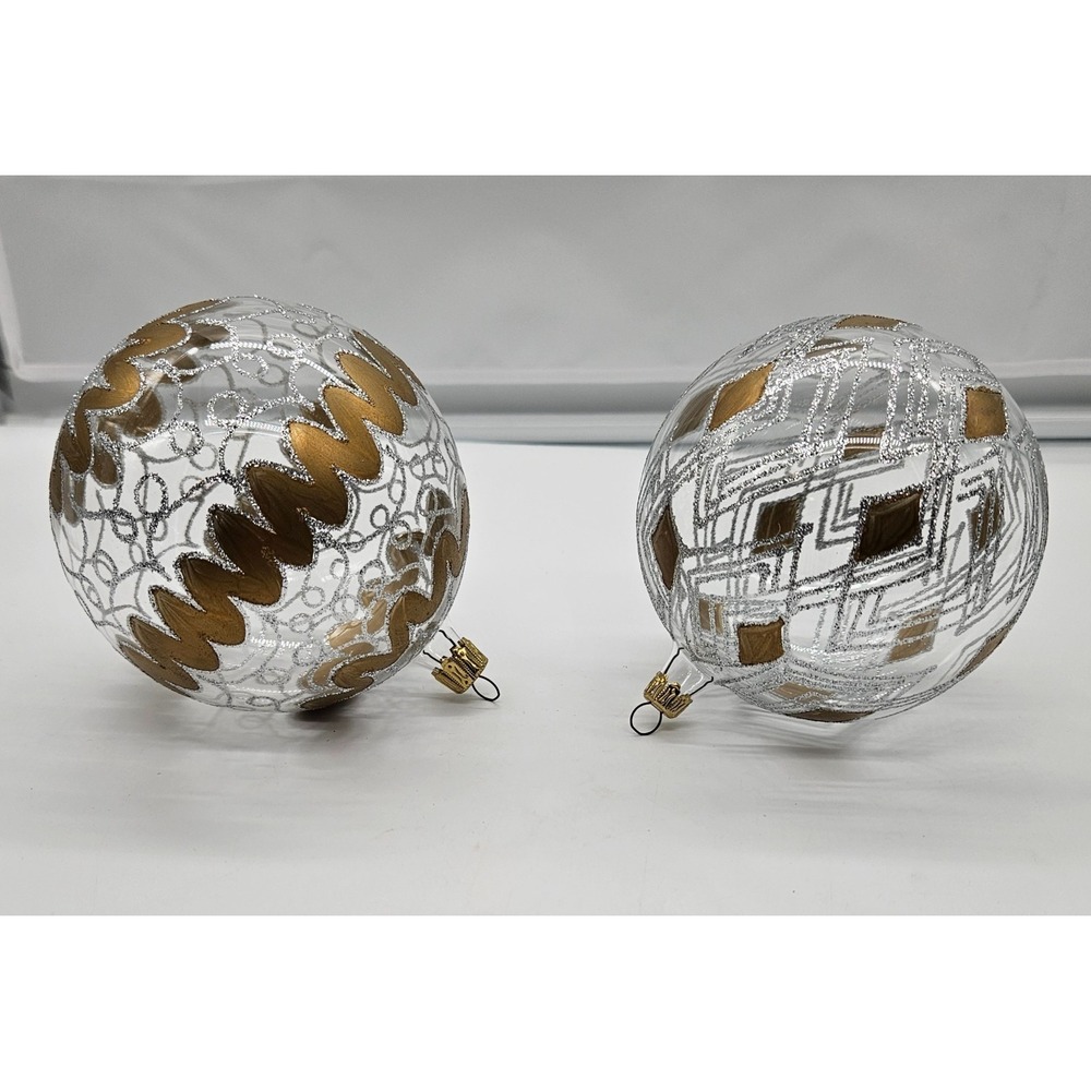 2 Large Glass Christmas Ornaments‎ Gold Silver Glitter Geometric Art Deco 4 inch